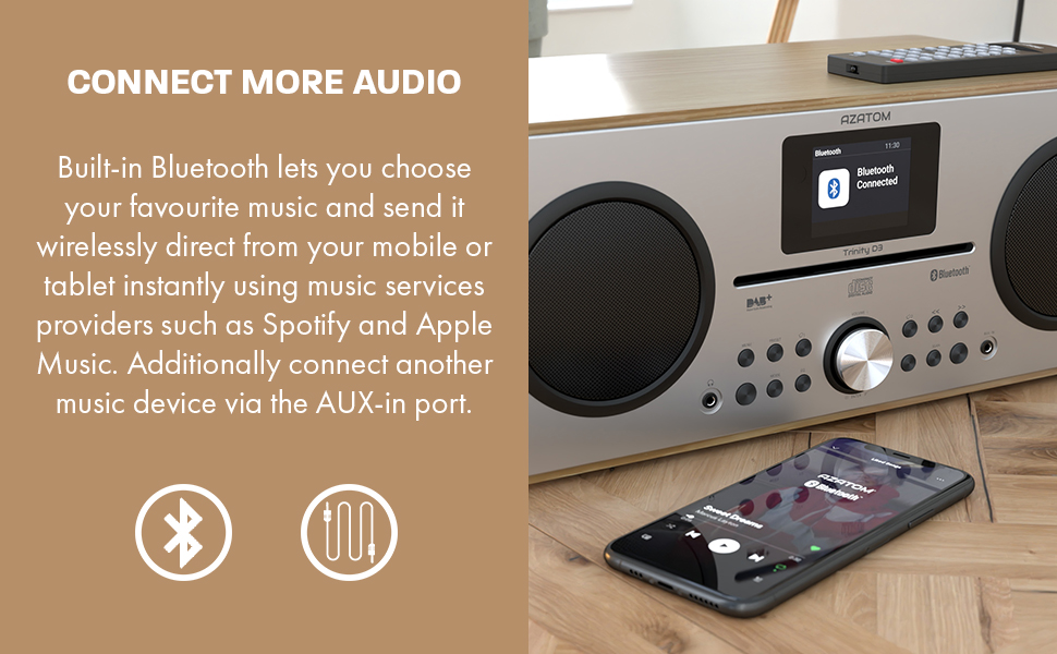 Azatom Trinity D3 CD Player With Bluetooth, AUX, USB PLayback, Headphone Out and 80 Preset Stations