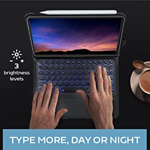 Backlit keys on a iPad keyboard case so you can type in the nighttime.