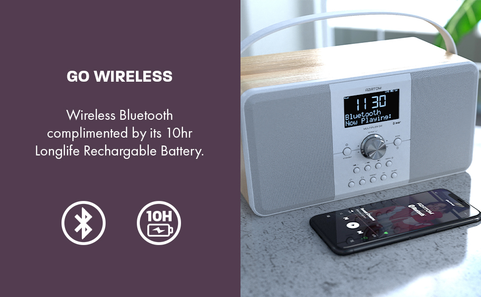 Azatom Multiplex D2 Digital DAB FM Radio with Bluetooth Built-in Battery Headphone Out USB Charging