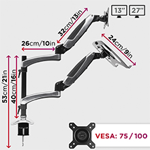 dimensions, size, measurements, adjustability, movement, vesa 75/100, inches, centimetres, arm, pole