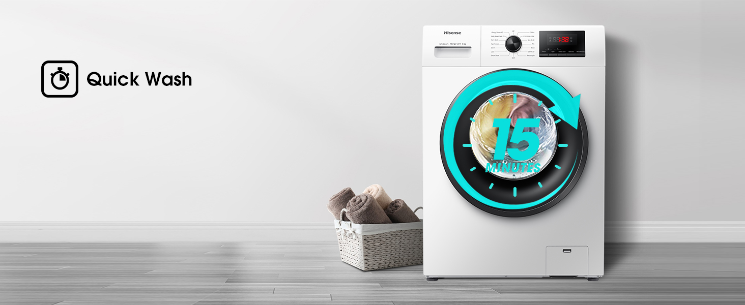 Quick Wash function is designed to clean small, lightly soiled loads in 15 minutes.