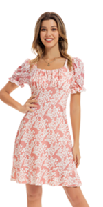Women Summer Short Puff Sleeve Vintage Floral Dress
