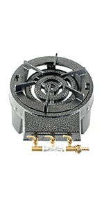 The ring is made of cast iron which makes fire more uniform the food is delicious the gas burns full