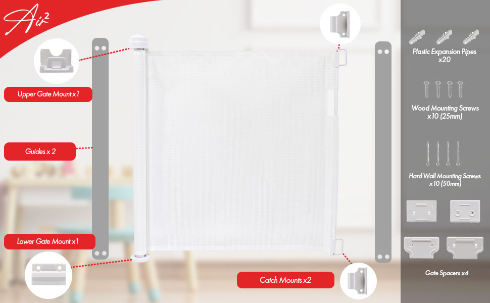 Callowesse Air 2 Retractable Safety Gate suitable for Babies and Pets, Mesh Stair Gate