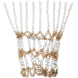 TRIXES Gold and Silver Metal Basketball Net attached to a hoop and backboard with a ball shooting