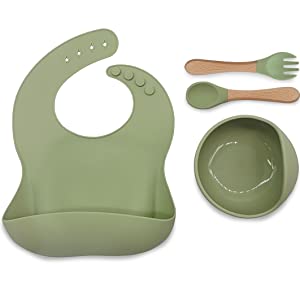 Silicone weaning set bib with pocket suction bowl soft spoon