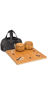  Bamboo Etched Go Game Set Board with Double Convex Melamine Stones and Bowls