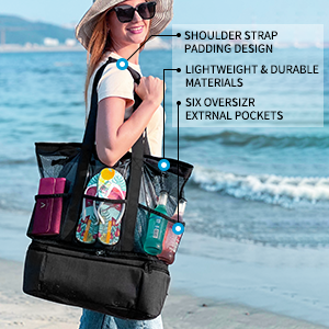 Extra Large Mesh Beach Bag Tote Bags Waterproof with Insulated Cooler Compartment Detachable