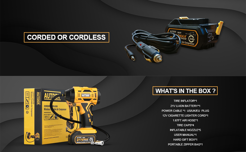 AUTDER 21V 180PSI CordlessTire Inflator Air Compressor with Digital Pressure Gauge