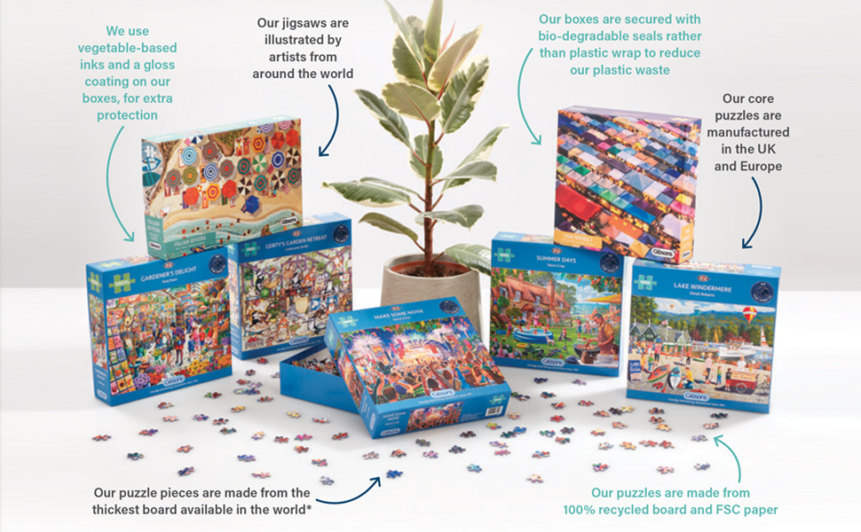 Gibsons use vegetable based inks and gloss coating, jigsaws made from 100% recycled board