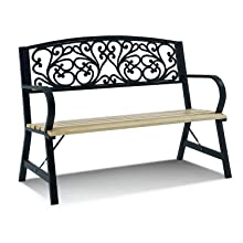 LIVIVO 2 PERSON GARDEN BENCH WITH WOODEN SEAT AND METAL FLORAL DESIGN BACK