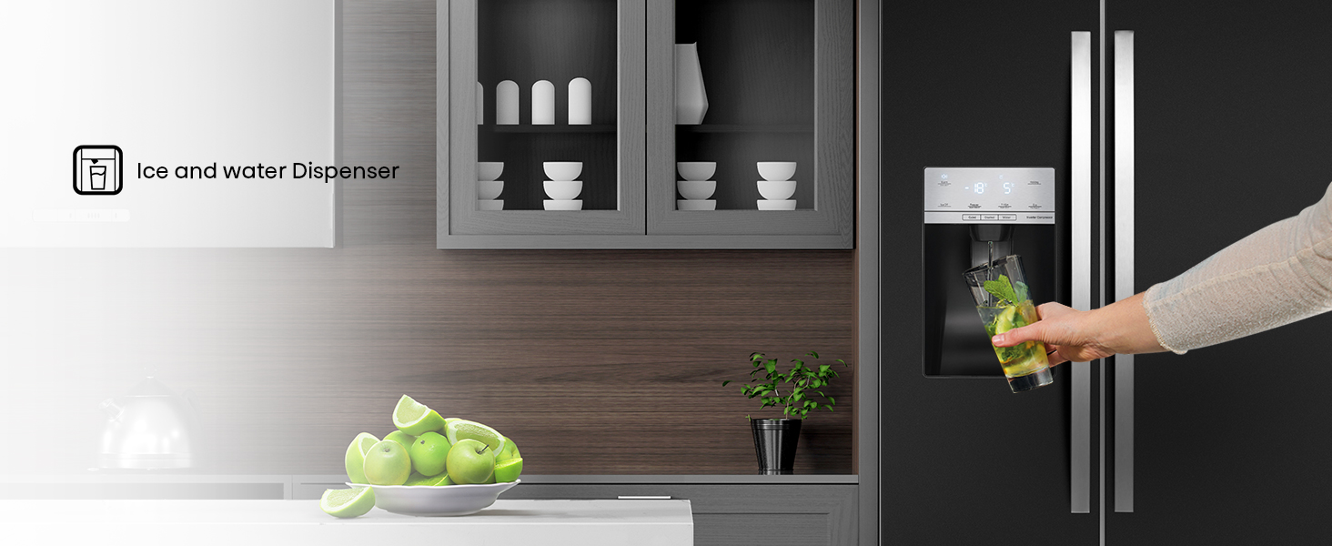 Without opening the door, you can choose ice cubes, crushed ice or chilled water