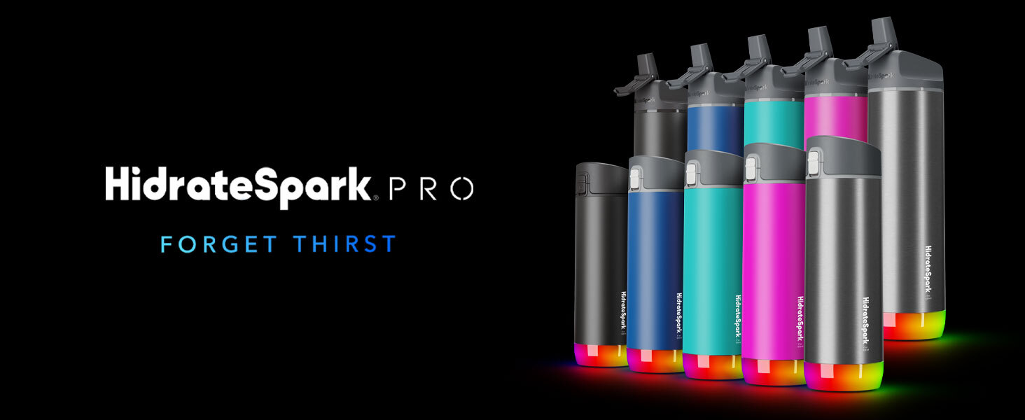 A line up of 17 and 21 oz HidrateSpark PRO bottles, assorted colors, straw and chug lids