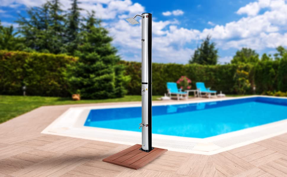 4252023104128_Solardusche 37 L silber eckiger Duschkopf mit Bodenplatte Holzoptik