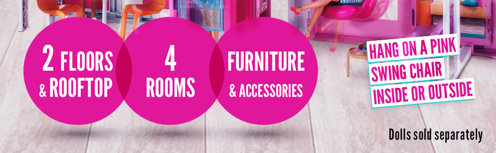 Three-Story Town House Colourful Bright Doll House Comes with Furniture and Accessories, Playset