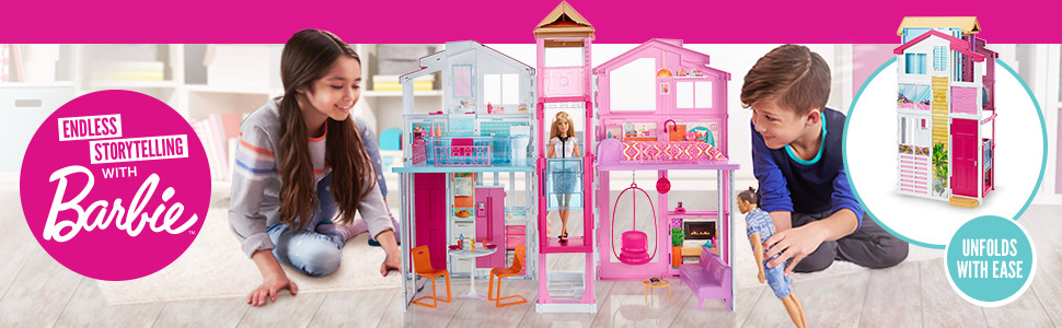 Three-Story Town House Colourful Bright Doll House Comes with Furniture and Accessories, Playset