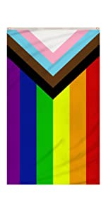 Progress Pride flag displayed vertically.