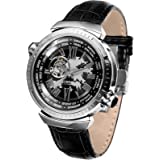 SURVAN Swiss Automatic Watch for Men World Time Mechanical Skeleton Wrist Watch 18k Yellow Gold Ion-Plated Black Genuine Leat