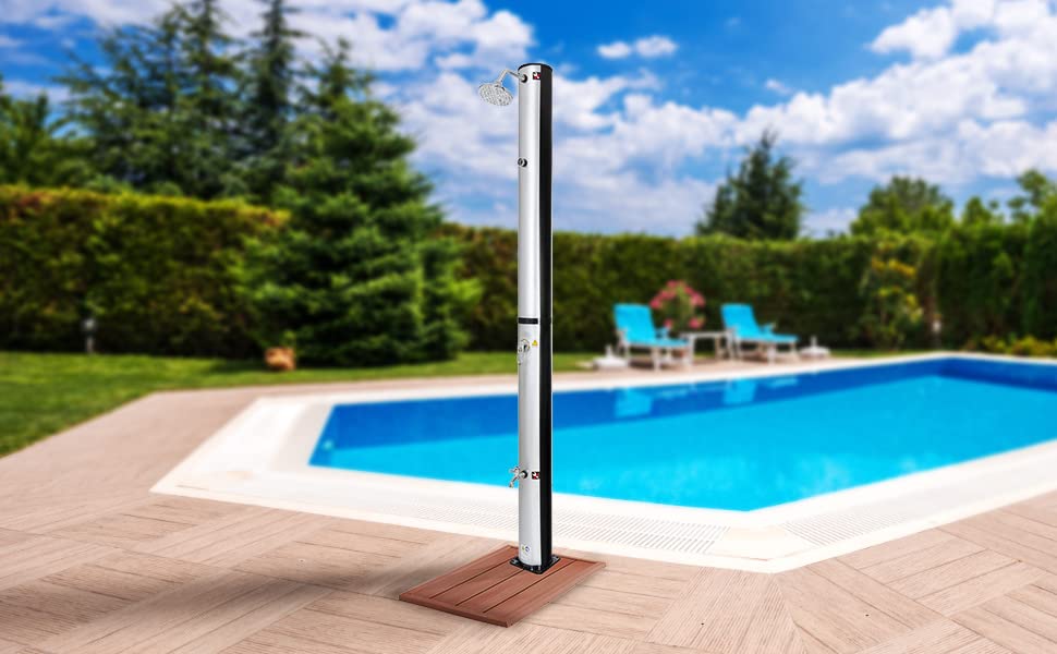 4252023104111_Solardusche 40 L silber/schwarz mit Bodenplatte Holzoptik