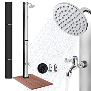 4252023104142 _Solardusche 35l Silber mit Bodenelement Holzoptik