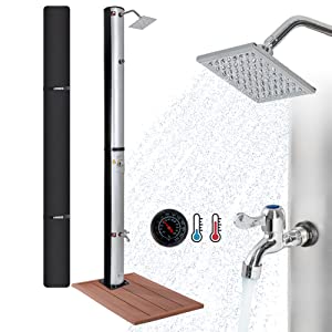 4252023104142 _Solardusche 35l Silber mit Bodenelement Holzoptik