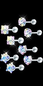 Stud Earrings Set of 4 Pairs Sparkling Colorful Diamond Style