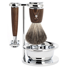 RYTMO Steamed Ash 4-piece Pure Badger Shaving Brush and Safety Razor Shaving Set