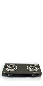 Black Glass Gas Stove Indoor Cooker 2 Burners Cooktop Piezo