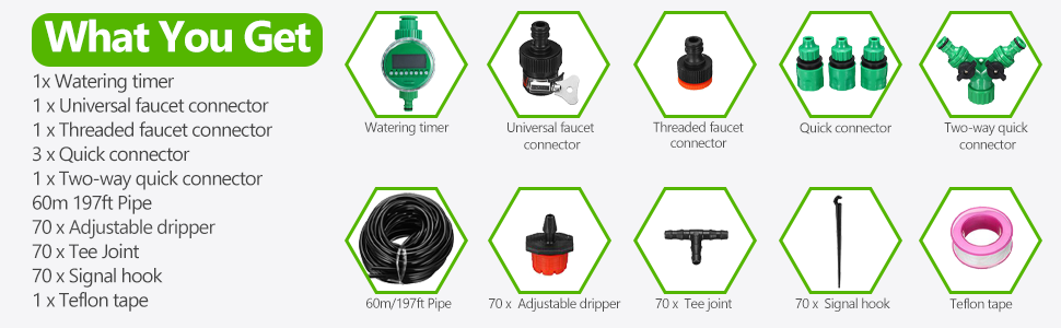 1x Watering timer, 3 x Quick connector, 1 x Universal faucet connector