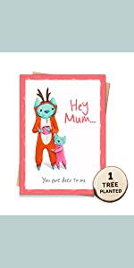 Funny mother's day or birthday card for mum with Cat dressed as a deer & child hugging leg
