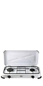 NJ-02 Camping Gas Stove Portable 2 Burner LPG Cooker White Enamel Lid 3.4kW