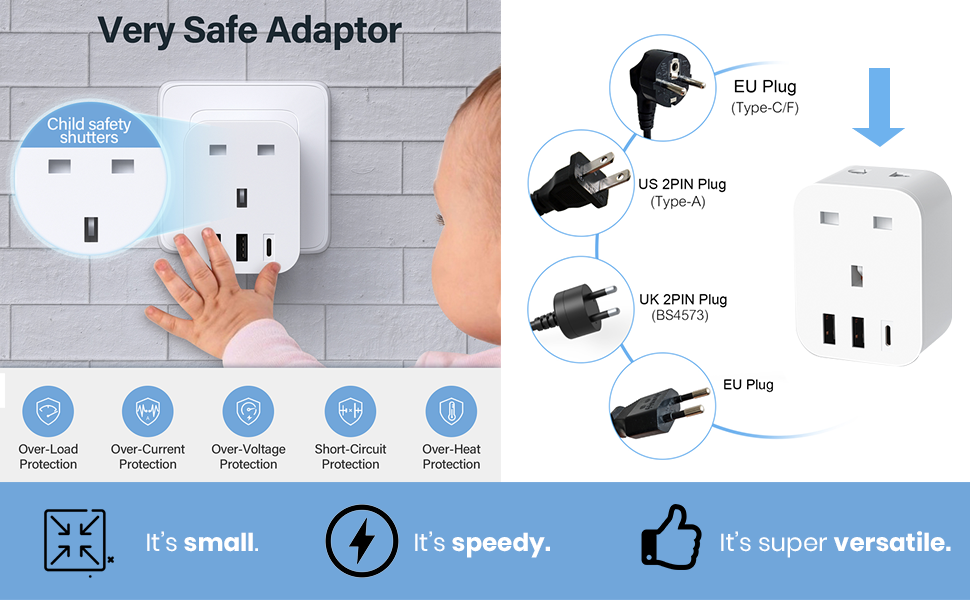 5 in 1 fast charging including your 2-pin shaver plug. 2 USB A ports and 1 Type C fast charge port