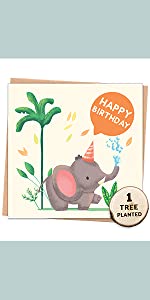 Cute Elephant birthday card for boy or girl with tree and 'Happy Birthday' bubble
