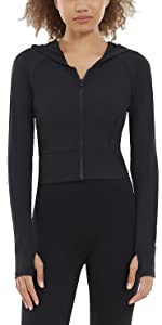 SEAUR Women Running Jacket Front Zipper Hoodie Long Sleeves Yoga Tops with Thumb Holes Design