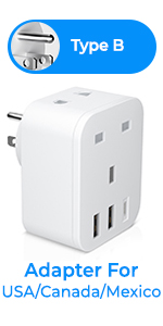 UK to USA plug adapter with 3USB ports and a shaver,/toothbrush socket. 13A