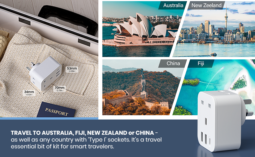 Powerful China plug adapter with 13A and 5V/2.4A USB port and 15W USB C port. 