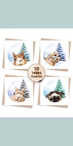 Recycled Christmas Card Pack of 10 Cards with Animals on & 10 Trees Planted