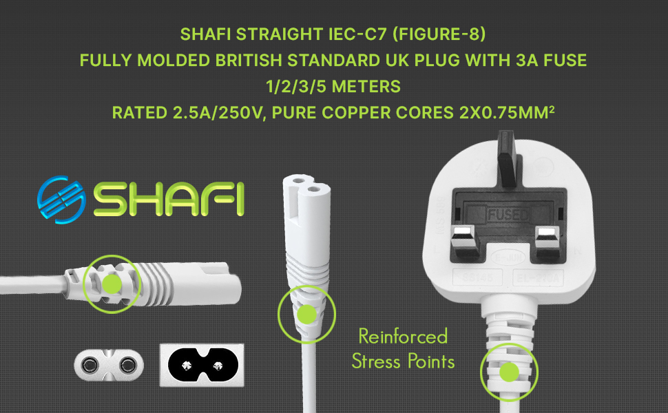 shafi figure-8 power cable iec-c7 power lead tv power cable white