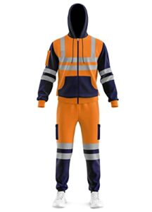 ending babz New Mens Hi Viz High Zipper Patched Visibility Safety Warm Security Work Wear Tracksuit Cuffed Trouser Hooded Top Set S-XXL