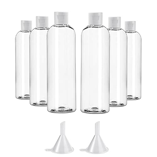 BUZIFU 6 Pcs Plastic Bottles 100ML Empty Travel Bottles Flip Cap Bottles Cosmetic Bottles Transparent Containers Air Flight Travel Bottle Set with 2 Pcs Small Funnel for Travel or Cosmetic - Clea