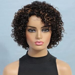 Highlight Short Curly Wigs for Woman Brazilian human hair wig UDU Ombre Brown Wig None Lace Front Wigs for Black Wome