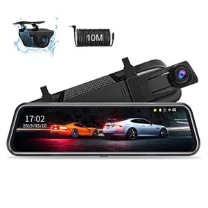 【2022 Upgraded 】10'' Mirror Dash Cam Night Vision 1080P Full Touch Screen Dual Dash Cam Front and Rear Camera Car Rear View Mirror Loop Recording 170°Wide Angle Parking Assistance with 10M Cable
