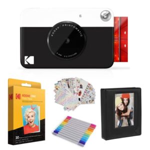 KODAK Printomatic Instant Camera (Black) Gift Bundle + Zink Paper (20 Sheets) + Case + 7 Sticker Sets + Markers + Photo Album
