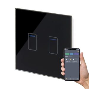 Retrotouch Crystal+ Touch WiFi Switch | 2 Gang Smart Light Switches | Multi Control | Remote Control | App Compatible With Alexa & Smart Life | Black Glass Finish | LED Indicato