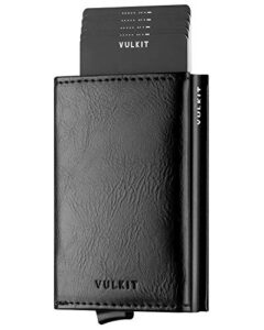 VULKIT Credit Card Holder RFID Blocking Genuine Leather Bifold Mens Wallet Automatic Pop Up with Banknote Compartment (Origin Black)