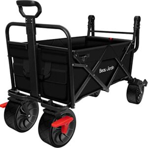 BEAU JARDIN 80KG Capacity Folding Camping Cart Outdoor Push Wagon Trolley with Brake Trailer Transport Free Standing Collapsible Utility Grocery Canvas Fabric Rolling Buggies Garden Sport Wagons Black
