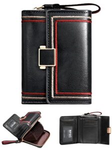 GSG Purses for Women RFID Blocking Leather Short Purse Accordion Wallets with 17 Credit Card Holder Bifold Ladies Small Purse with Gift Box Black