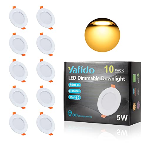 Yafido 10pcs Dimmable LED Recessed Ceiling Light IP44 5W Downlights 500LM 230V 3000K Warm Light Ultra-Thin Round Aluminum Alloy Recessed Lights for Kitchen Ceiling            [Energy Class E]