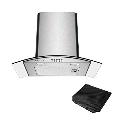 CIARRA CBCS6506B Curved Glass Cooker Hood 60cm 650 m³/h Chimney Hoods with 3 Speed Recirculating Ducting Kitchen Ventilation Extractor Fan with Carbon Filter            [Energy Class A]