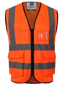 Gemx Hi Vis Vest Class 2 Zipper Front High Visibility Safety Vest Hi Viz Workwear Executive Security Waistcoat with Phone & ID Holder Pockets hi vis jackets vis reflective safety